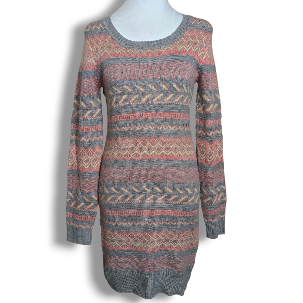 Pink Rose Patterned Long Sleeve Sweater Dress - Size Medium